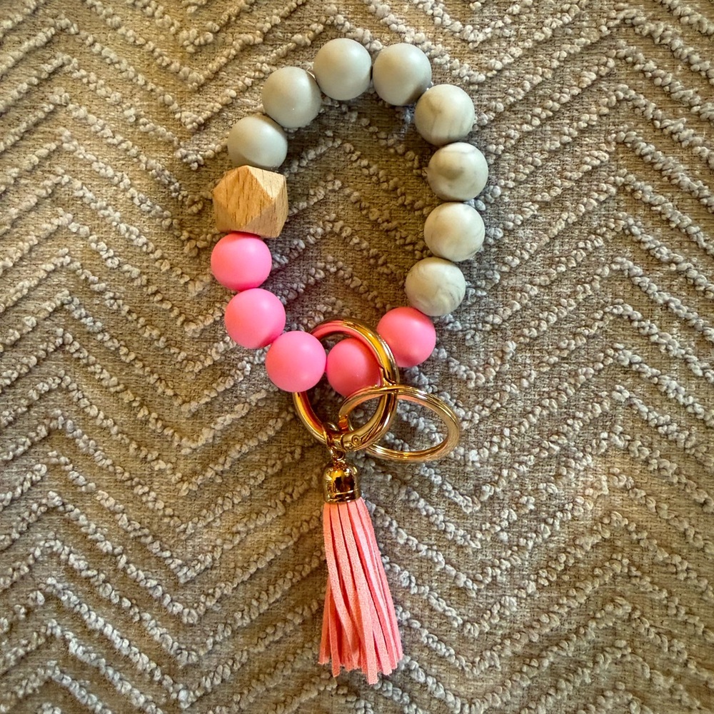 Beaded Wristlet Keychain with Pink Tassel